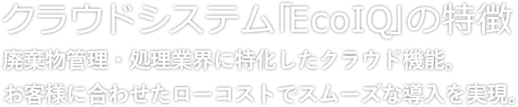 クラウドシステム「EcoIQ」の特徴 お客様に合わせたローコストでスムーズな導入を実現。お客様に合わせたローコストでスムーズな導入を実現。